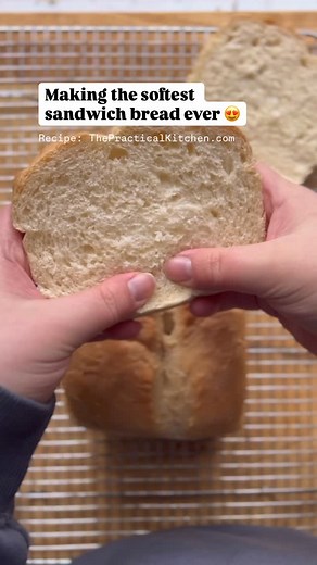 So soft, so squishy, so easy! 😍 My homemade sandwich bread recipe is a classic white sandwich bread, made with love at home in your kitchen. So perfect for PB&J or turkey and mayo sandwiches. If you’ve been looking for a great beginner-friendly simple bread recipe, this is where you should start!⁠ ⁠ 🔗: Find the full recipe at the link in my bio (@the.practical.kitchen) or on ThePracticalKitchen.com!⁠ ⁠ https://thepracticalkitchen.com/soft-sandwich-bread/ | The Practical Kitchen