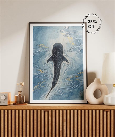 Whale Shark Art Print, Japanese Zen Ocean Wall Art for Minimalist Home Decor, Celestial Blue Sea Creature Poster, Cute Whale Print - Etsy