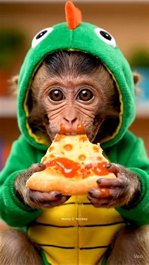 Baby Monkey Dino Eats Pizza Like a Champ! 🍕🦖 #babyanimal #cute #babymonkey