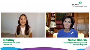 2020 Woman of Distinction Susie Gharib of Fortune is known for her no-nonsense interviews with corporate America's leading power brokers. Watch as she shares tips with aspiring reporter, Gold Award Girl Scout Destiny from Troop 4238. | Girl Scouts of Greater New York