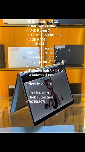 HP ProBook 435 G8 (X360 Convertible) • AMD Ryzen 7 • 8 Cores / 16 Threads • 16GB RAM • 512GB SSD • 14” Touchscreen ✓ | 360° Convertible ✓ • Keyboard Light ✓ • Fingerprint ✓ | Face ID ✓ • Thunderbolt USB-C ✓ • Windows 11 Pro Price: ₦580,000 Port Harcourt (Choba Junction) 07071515971 #portharcourt #uniport #viral #portharcourt #uniport