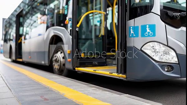 Modern city bus deploying an automatic ramp for wheelchair access at a bus stop. A concept of inclusivity and accessible mobility