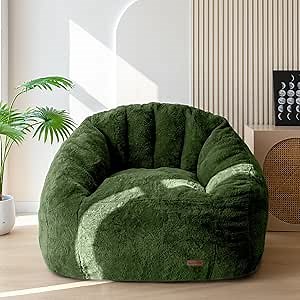 MAXYOYO Giant Bean Bag Chair, Oversized Bean Bag Couch for Adults and Kids, Faux Fur Shell-Shaped Large Chair with Filler, Stuffed Big Accent Sofa Floor Sofa for Gaming, Reading, Green
