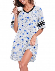 DreamFish Womens Nightgown Short Sleeve Sleepshirt V Neck Sleepwear Casual Loungewear Ladies Sleepwear