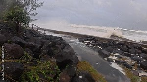 Intense Waves Smashing During Cyclone Alfred At Snapper Rocks, Gold Coast, Australia. panning shot
