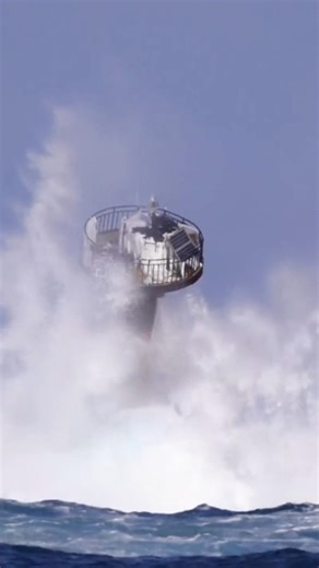 An old rusty lighthouse is being destroyed by ocean waves.
