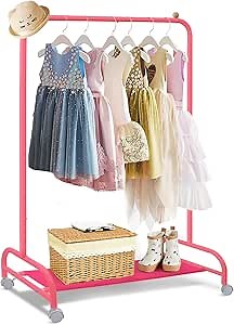 Kids Clothing Rack, Dress Up Rack with 4 Wheels and Bottom Storage Shelf, Small Toddler Garment Racks for Hanging Dressers, Dance Costume, Metal Kids Coat for Girls Gift Pink