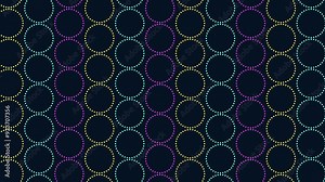 A symmetrical pattern of circles in different colors on a black background, connected by lines in a circular arrangement. Various sizes add visual interest