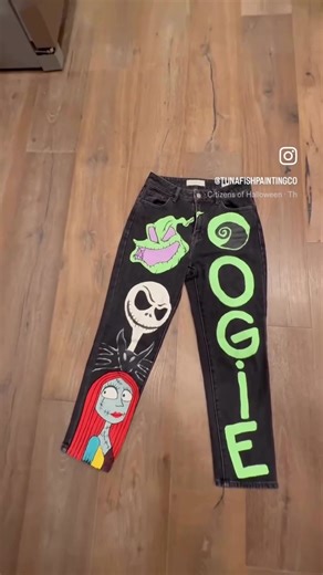 Custom painted Oogie Boogie denim jeans👖👻💜🖤💚 #oogieboogie #disneypants #customjeans #disney #disneyjeans