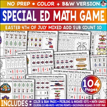 Count 10 Objects Easter 4th of July Mixed Add Sub K-2 Cut Paste Color Game