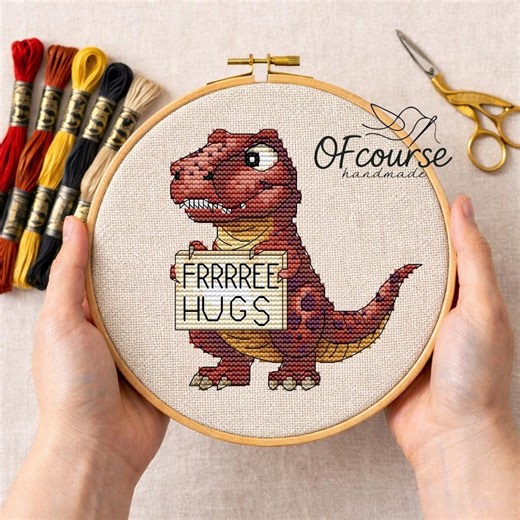 Dinosaur T-rex Cross Stitch Pattern, Free Hugs Embroidery Design (PDF Download) - Etsy