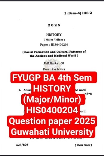 FYUGP BA 4th Sem HISTORY (Major/Minor) HIS0400204 /Question paper 2025 /Guwahati University#shorts
