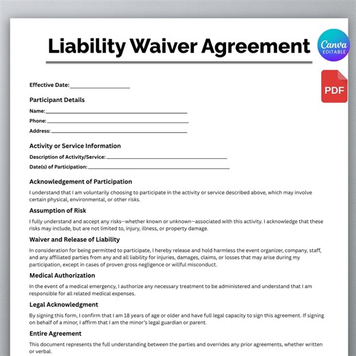 Simple Liability Waiver Agreement,editable Liability Release,release of Liability,printable & Editable Waiver of Liability Contract Template - Etsy Canada