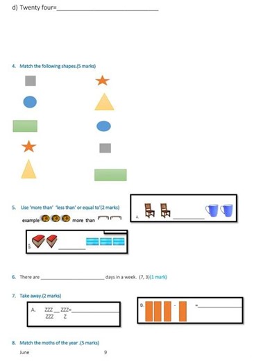Grade 1 Mathematical Activities End of Term 1 Exam 2025