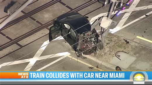 Video shows the heart-stopping moment a car drove through railroad crossing gates in Miami right into the path of an oncoming train. The driver was taken to the hospital with non-life-threatening injuries. | Today Show