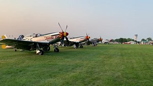 357th Fighter Group dawn patrol flight earlier this morning. A traditional event at #airventure and for Warbird Alley early raisers. RT Dickson in ‘Swamp Fox’, Wes Stowers in ‘Ain’t Misbehavin,’ Ray Fowler in ‘Old Crow,’ Paul Draper in ‘Gentleman Jim,’ and Larry Lumpkin in ‘Gunfighter.’ | Vintage Flying Machines