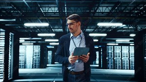 Successful Data Center IT Specialist Using Tablet Computer. Server Farm Cloud Computing Facility with System Administrator Working. Data Protection Engineering Network for Cyber Security.
