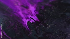 Paint drip. Ink water flow. Defocused glowing neon purple black golden color fluid wave motion particles texture dark art abstract background.