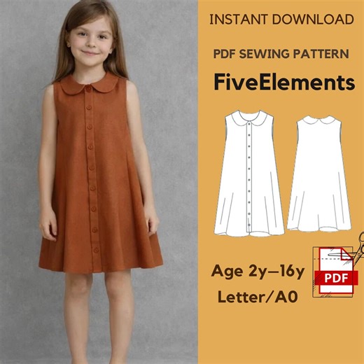 Girls Peter Pan Collar Dress Sewing Pattern PDF | A-line Button Front Dress | Kids Dress Pattern 2–16 Years | Instant Download | Letter A0 - Etsy