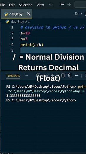 Day 8 – / vs // in Python | Division Explained | Python for Beginners #shorts