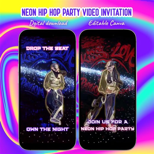 Neon Hip Hop Party Video Invitation, Editable Canva Template, MP4 Dance Party Invite, Teen Neon Party Invitation - Etsy
