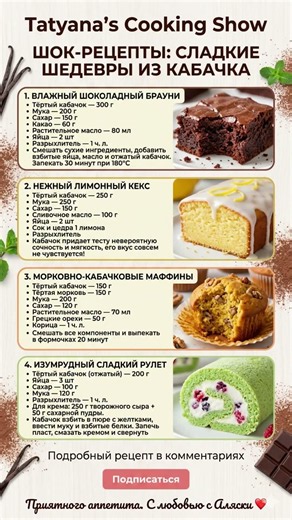 🍰ТОП-4 СЛАДКИХ ДЕСЕРТА из КАБАЧКА: Шоколадный брауни, Лимонный кекс, Маффины и Изумрудный рулет🍰