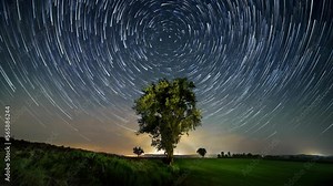 Time lapse of the night sky on a rural landscape with star trails and cloud motion effects, progressing into a beautiful colorful sunrise