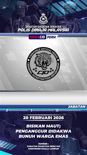 𝗕𝗜𝗦𝗜𝗞𝗔𝗡 𝗠𝗔𝗨𝗧; 𝗣𝗘𝗡𝗚𝗔𝗡𝗚𝗚𝗨𝗥 𝗗𝗜𝗗𝗔𝗞𝗪𝗔 𝗕𝗨𝗡𝗨𝗛 𝗪𝗔𝗥𝗚𝗔 𝗘𝗠𝗔𝗦 KUALA LUMPUR, 20 Februari 2026: Lagi kes pembunuhan! Seorang lelaki tempatan berusia 46 tahun dihadapkan ke Mahkamah Majistret Kuala Lumpur pagi ini atas kesalahan jenayah membunuh. Pertuduhan dikemukakan di bawah Seksyen 302 Kanun Keseksaan kerana membunuh. Sabit kesalahan, tertuduh boleh dipenjara sehingga tempoh empat puluh tahun serta sehingga dua belas kali sebatan, jika tidak dihukum mati. Tertuduh,