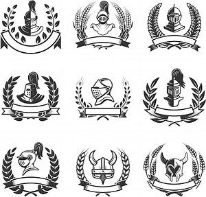 Set of the emblems with knights helmets and swords. Design elements...
