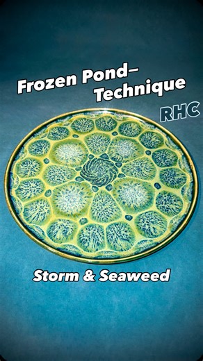 Samy Boulos - Pottery on Instagram: "End Result included!🔥Frozen Pond🍀Glazing — Storm+Seaweed Edition! Done due to popular demand 😅😅😅 (winner of a recent poll 😇). Going with Storm as base glaze, Running Hot Chowder („RHC“) for the dots as usual, and finishing with Seaweed as covering glaze! And WOW! I love the result! The little rose in the middle was a surprise, coming from how I applied the sponge there… 👍🤩 very different from the Obsidian-based Seaweed combo from last week! 😄😄😄 GLA