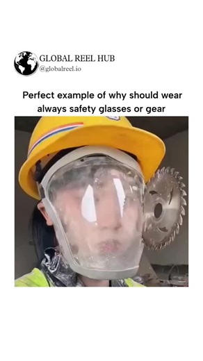 GLOBAL REEL HUB™ on Instagram: "Dm for Credit / Removal The post features a 14-second video of construction workers using an angle grinder, where a disc suddenly detaches and impacts a face shield, illustrating the lifesaving potential of protective gear without causing injury. Replies show divided opinions, with many praising the safety message while others question its authenticity due to the steady handheld footage, suggesting it could be staged for virality. Real-world data supports the emph