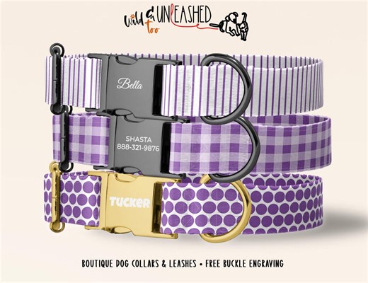 Personalized Purple & White Dog Collar, Boutique Pet Accessory With Engraved Metal Buckle, Optional Matching Leash - Etsy