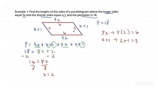 How to Find Side Lengths of a Parallelogram where Side Lengths Include Univariate Expressions | Algebra | Study.com