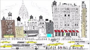Animated cartoon video of New York city buildings and traffic with pedestrians rushing on sidewalks.