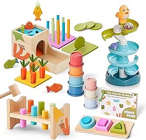 Giant bean 8-in-1 Wooden Montessori Toys Set Learning Toys for Baby 12-18 Month with Object Permanence Box, Senser Ball Roll Tower, Hammer, Fishing Carrot, Shape Sorting Stacking Cup for Kids 1+