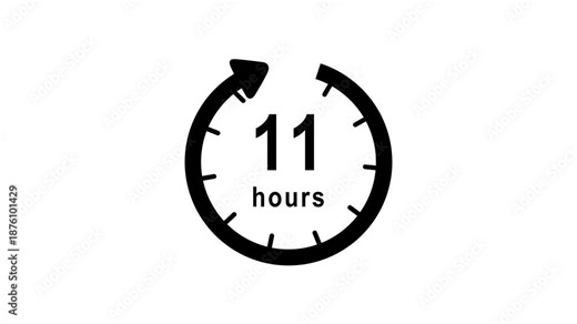 11 hours time clock animation with rotating arrow on white background. Minimalist clock progress indicator showing 11 hours.