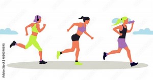 Modern bright cartoon characters, running people. Healthy lifestyle. Lose weight. Sports, running, training, jogging, marathon, city competitions, marathons, cardio training, physical exercise