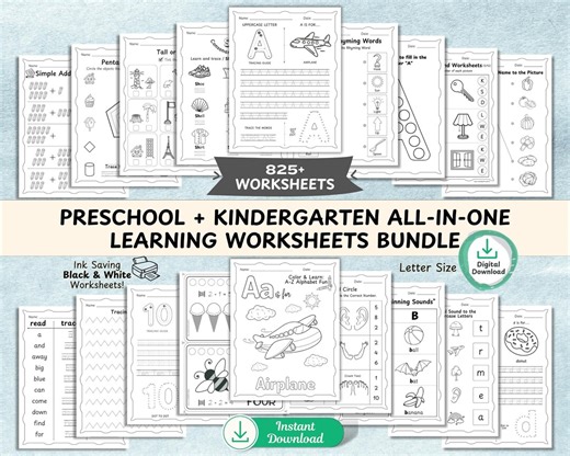 825  Page Preschool Learning Worksheets Bundle for Kindergarten PRINTABLE Toddler Montessori Activities Alphabet Numbers Math Colors Shapes - Etsy