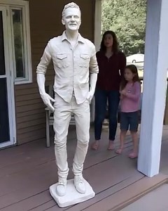 One morning, my husband slept in—he went on sick leave—while I was getting ready to take our three kids to school. But as soon as we stepped out onto the porch, I saw something I never could've expected. There, standing right by the front door, was a life-sized statue of my husband, sculpted entirely from smooth white clay. I just froze. I had no idea what to think. Naturally, I called him outside. When he saw it, his face went COMPLETELY PALE! Without saying a word, he rushed over and started d