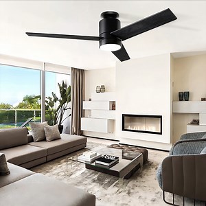 Ohniyou 52 " Flush Mount Ceiling Fans with Light and Remote Low Profile 3 Blades Outdoor Ceiling Fan for Patio Kitchen Bedroom, Black