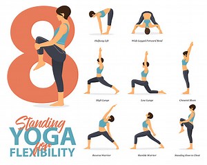 Infographic of 8 Standing Yoga poses for Easy yoga at home in concept...