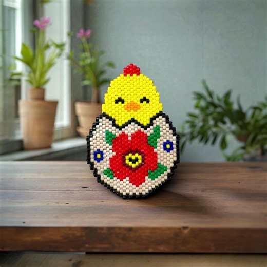 Spring Chick in Egg Bead Pattern PDF - Beginner Peyote & Brick Stitch, Easter Ornament, Miyuki Delica 11/0, Farmhouse Floral Design - Etsy