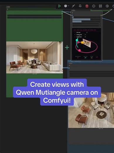 Create extra views for your renders using ComfyUI Qwen Multicamera Camera. After experimenting, the best and most consistent results come from top views or angles close to the original camera position. If the camera is moved too far from the original view, the results tend to become unpredictable. #revit #comfyui #revittips #enscape #revitforinteriordesign