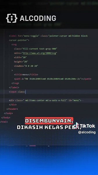 Mau bikin navbar yang responsif tanpa perlu repot pakai JavaScript? Gampang banget, cukup manfaatin Tailwind CSS! Kita pakai class seperti hidden, peer, dan peer-checked buat ngebangun hamburger menu yang bisa dibuka dan ditutup otomatis di layar kecil. Pertama, kita bikin ikon hamburger yang terhubung ke elemen input tersembunyi dengan class peer. Nah, trik utamanya ada di class peer-checked:block di div menu-nya—jadi saat input itu dicentang (alias hamburger-nya diklik), menu langsung muncul!