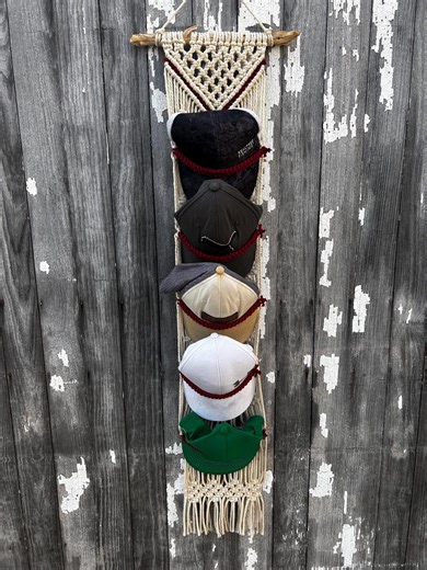 Macramé Baseball Cap Holder | Wall Hanging Hat Organizer | Custom Colors | Holds 5 Hats | Driftwood - Etsy