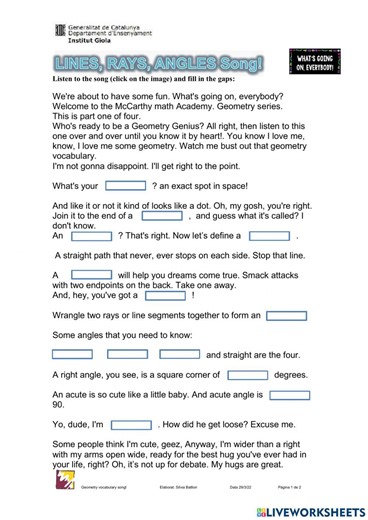 LINES, RAYS, ANGLES Song - Geometry VOCAB Music Video Series (Part 1) worksheet