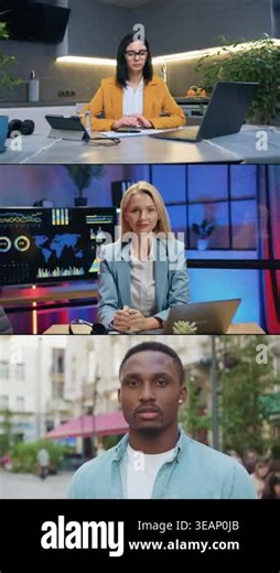 Collage footage of good-looking successful experienced multicultural male and female workers of various business occupations which looking into camera indoors and outdoors Stock Video Footage - Alamy