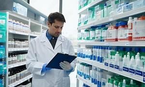 A druggist counting pharmaceutical stock in a pharmacy shop, working on inventory with a checklist on a clipboard, examining medical products on shelves