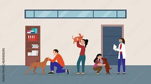 Modern Veterinary Clinic Visitors with dogs cartoon animation