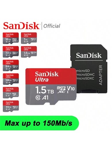 SanDisk Ultra Micro SD Card With SD Adapter, TF Flash Memory Card, Capacity Options: 128GB, 1.5TB, 1TB, 512GB, 256GB, 64GB, 32GB, Compatible With Smartphones, Cameras, Monitors, Drones, Computers, GoPro And More, U1 C10 A1 Mini SD Card, Up To 150MB/S Max Read/Write Speed | SHEIN
